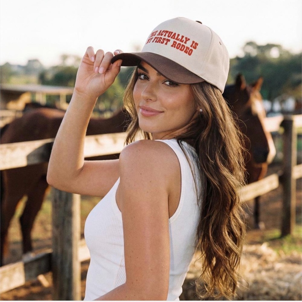This Actually is my First Rodeo Red Embroidered Cream Snap Back Trucker Hat